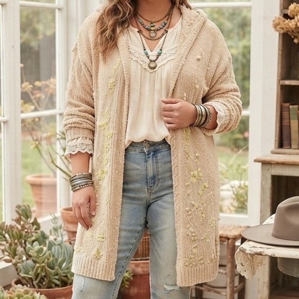 anthropologie‎ pol cardigan Sweater Hooded Chenille Floral Embroidered Beige M